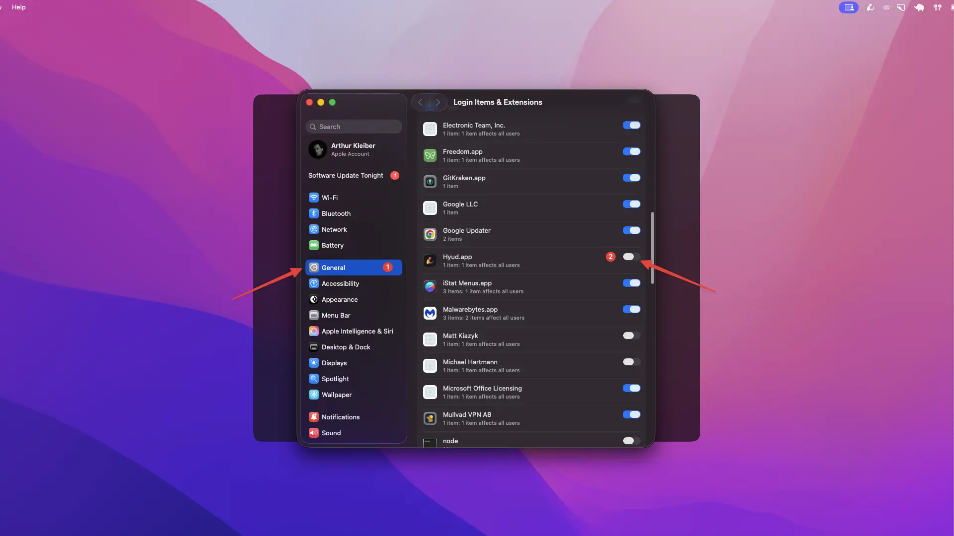 Go into the Login Items & Extensions settings to enable Hyud.